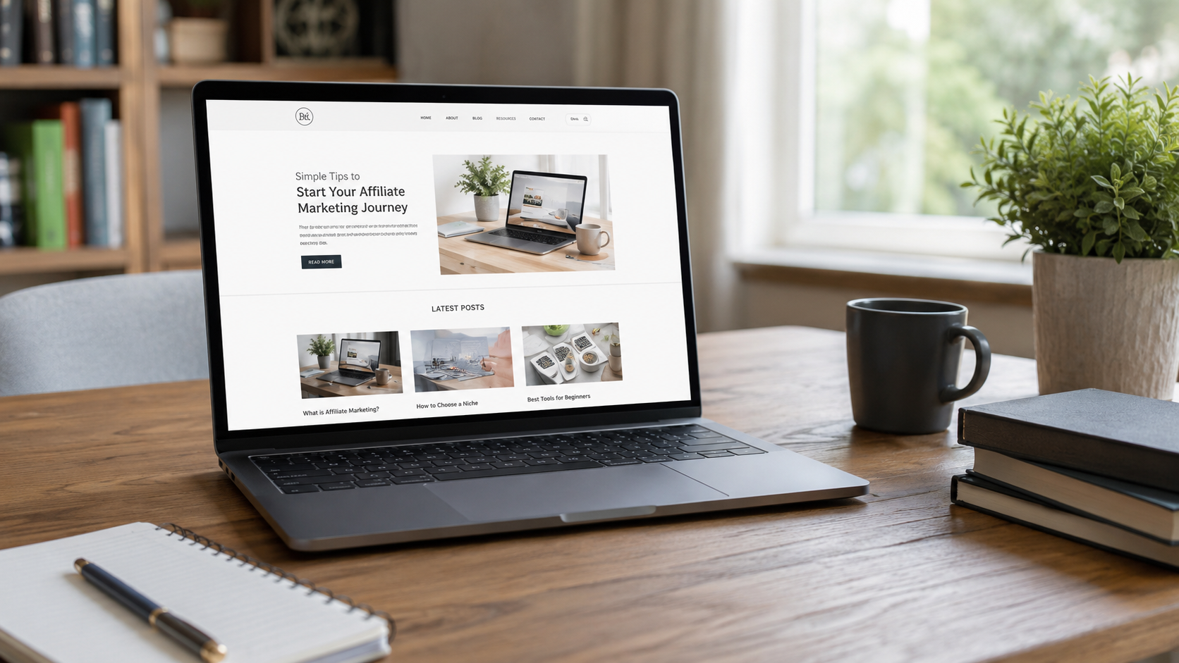 Beginner affiliate marketing homepage shown on a laptop in a clean home office