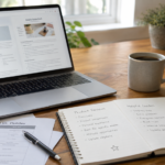 Product reviews or helpful guides compared on a laptop in a home office