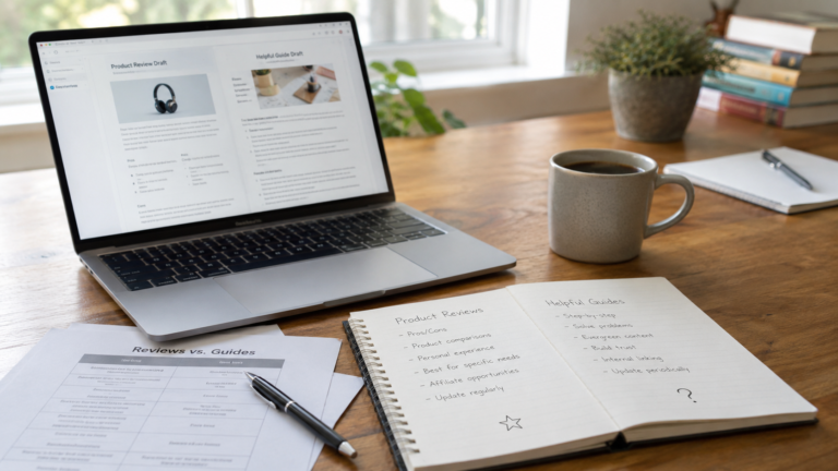 Product reviews or helpful guides compared on a laptop in a home office