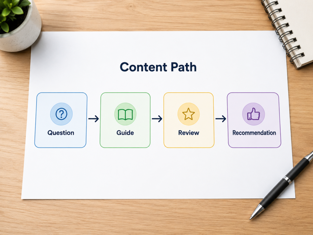 Content path from question to guide review and recommendation