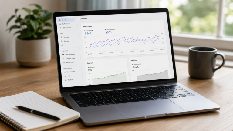 Google Search Console for beginners displayed on a laptop in a home office